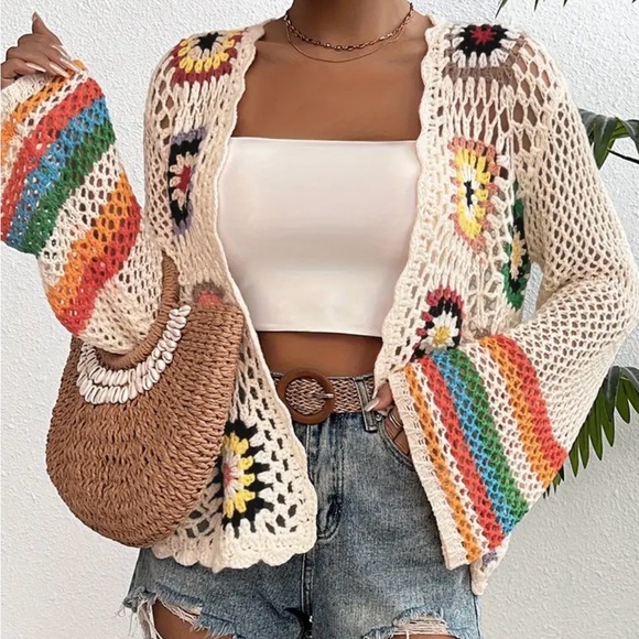 NEW| Women's Crochet Floral Pattern Long Sleeve Lightweight Knit Cadigan - Picture 7 of 8